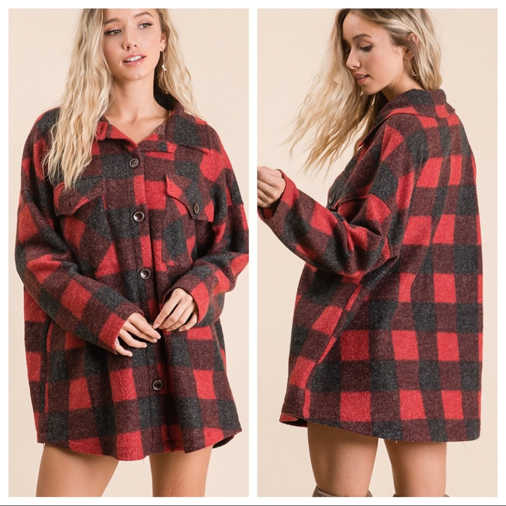 It’s All About The Buffalo Red Plaid Shacket Check Print Shirt Top Jacket - Picture 6 of 7